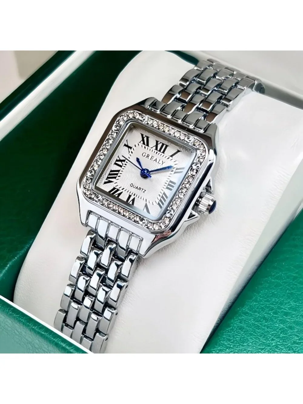 Women's Silver White Crystal Roman Dial Bangle Stainless Steel Ladies Wristwatch